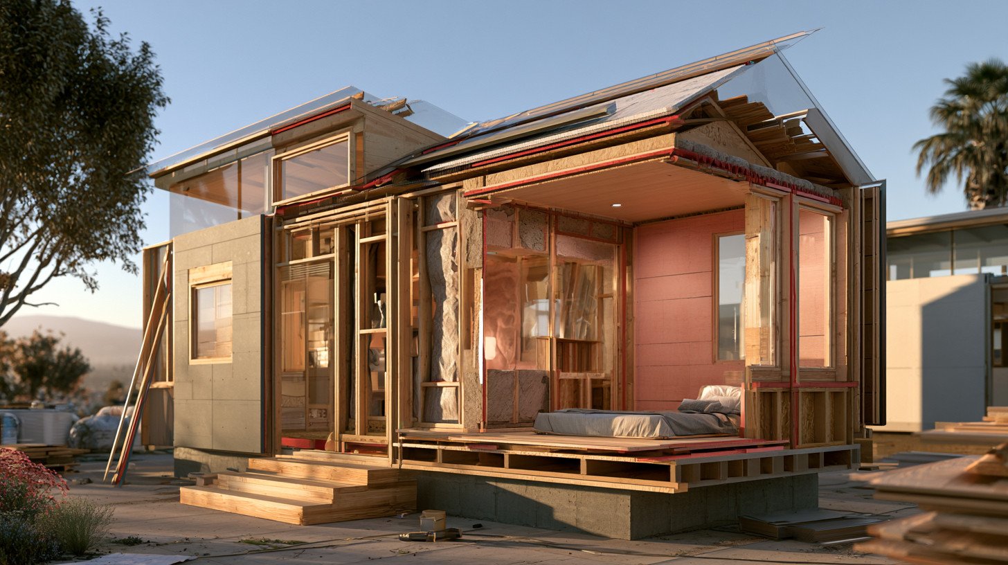 Tiny home wall and roof assembly showing framing, insulation, moisture barriers, cladding, and roofing working together.