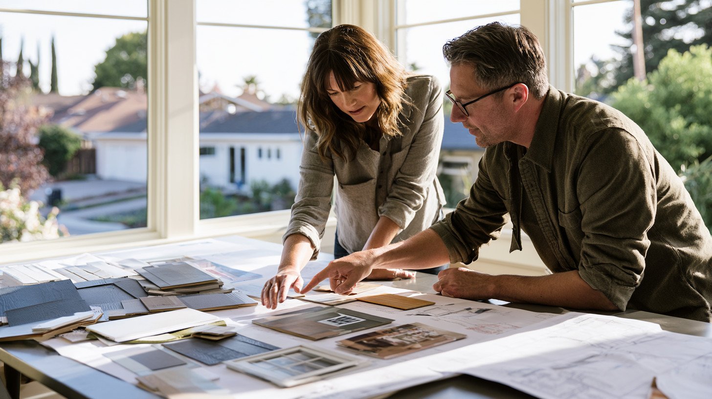 Homeowner and ADU designer reviewing building material samples for a California tiny home.