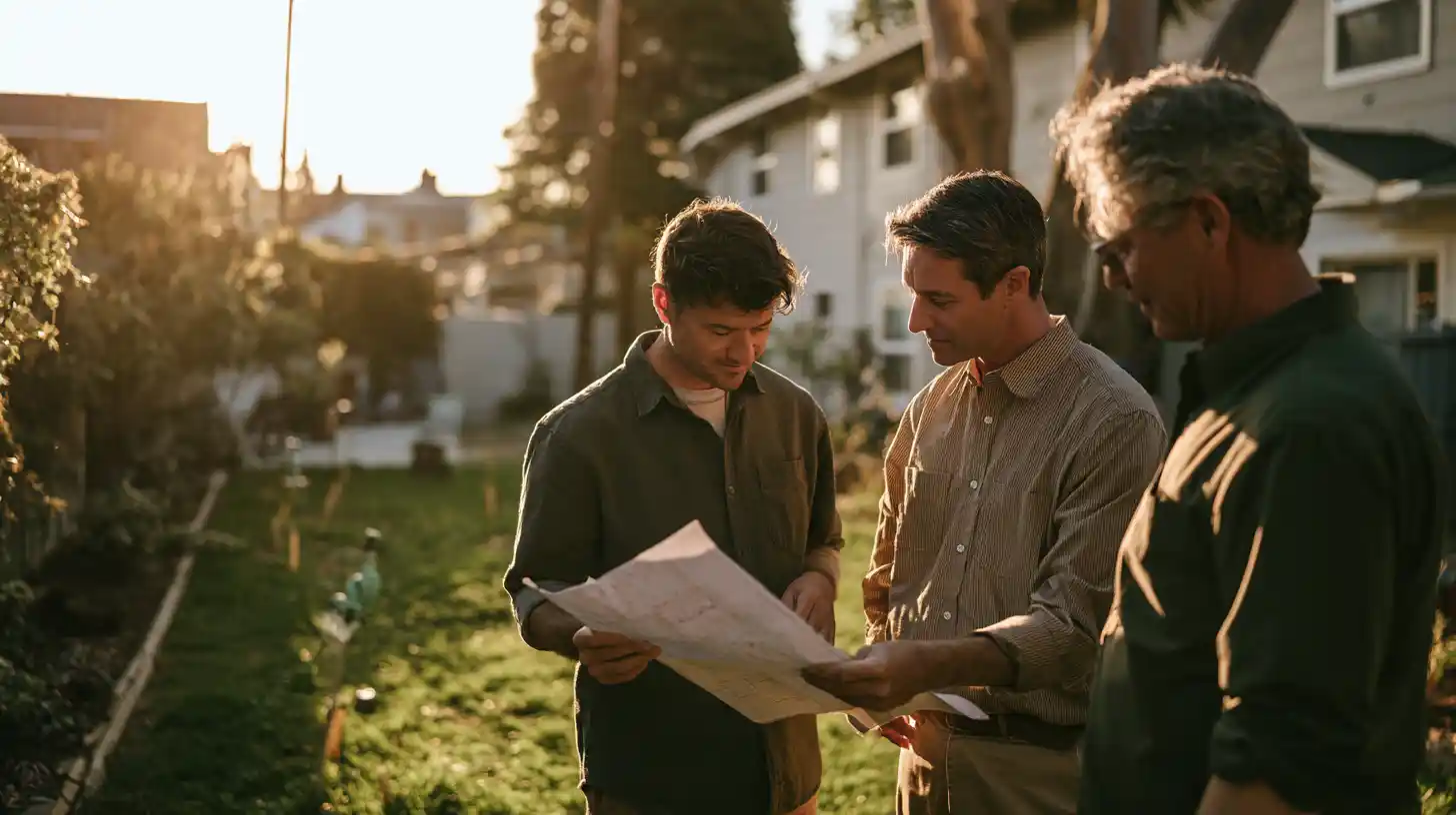 ADU professionals evaluating a multifamily property for setbacks, access, utilities, and new detached units.