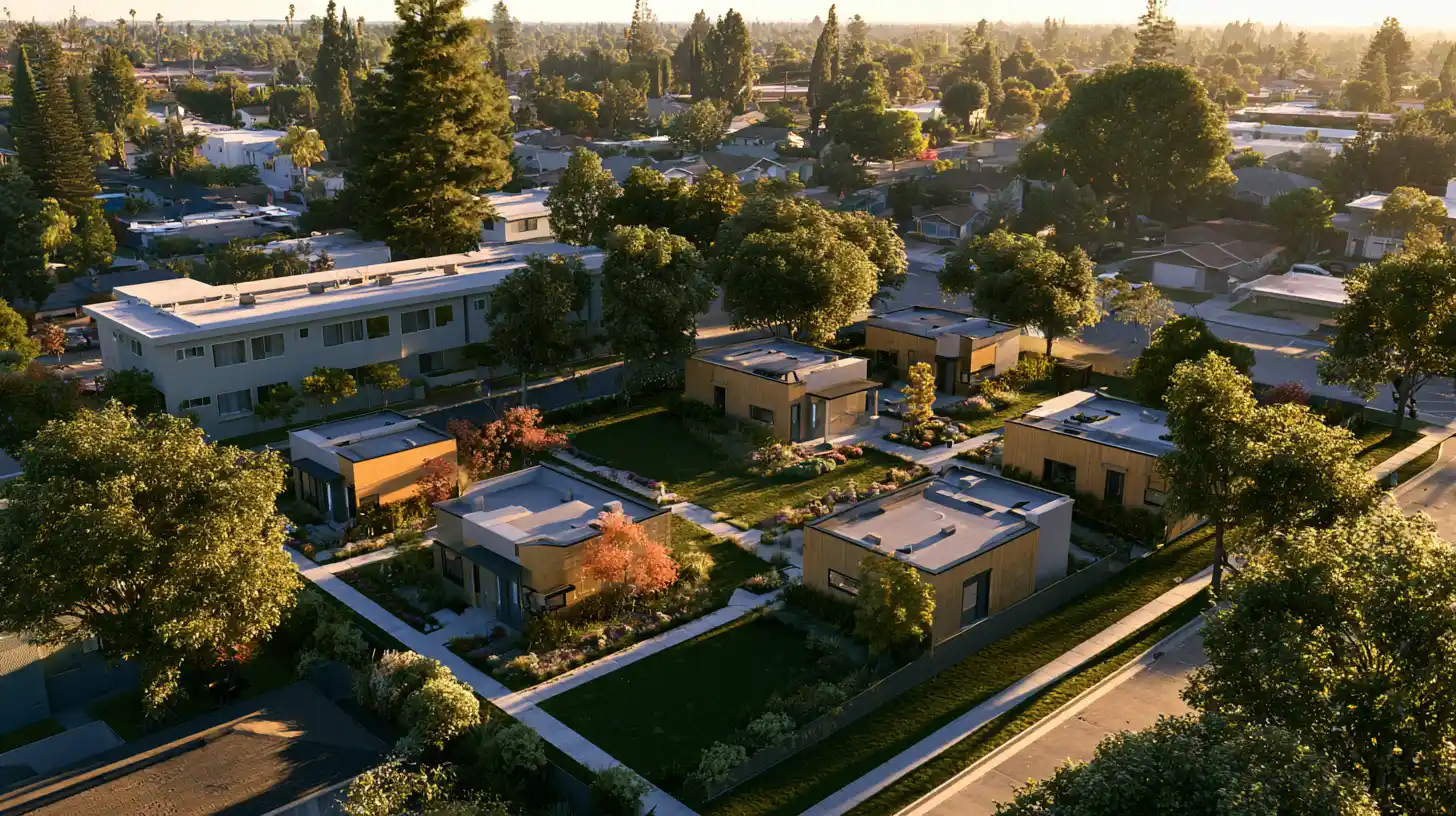 Multifamily property site showing multiple detached ADUs arranged around an existing residential building.
