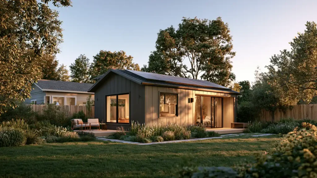 Legal off-grid tiny home in California with solar panels, battery storage, and sustainable utility systems.