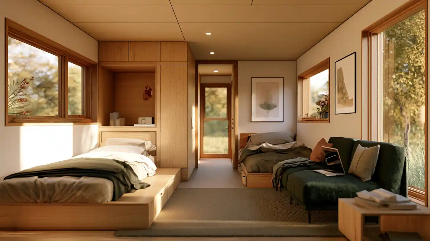 Compact tiny home interior with an efficient bedroom and flexible sleeping space