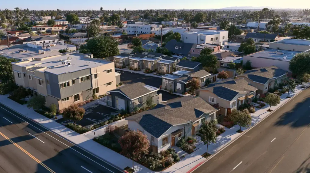 California multifamily property with multiple detached ADUs demonstrating the housing opportunities under SB 1211.