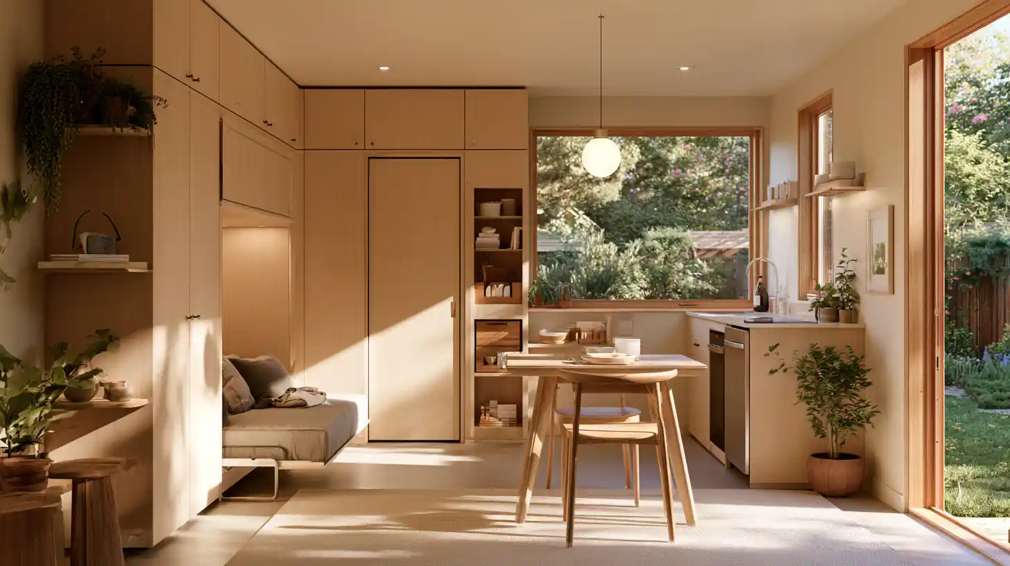 Smart tiny cabin interior featuring a Murphy bed, built-in storage, and efficient living space.