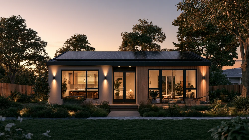 Modern California tiny home ADU with rooftop solar panels.