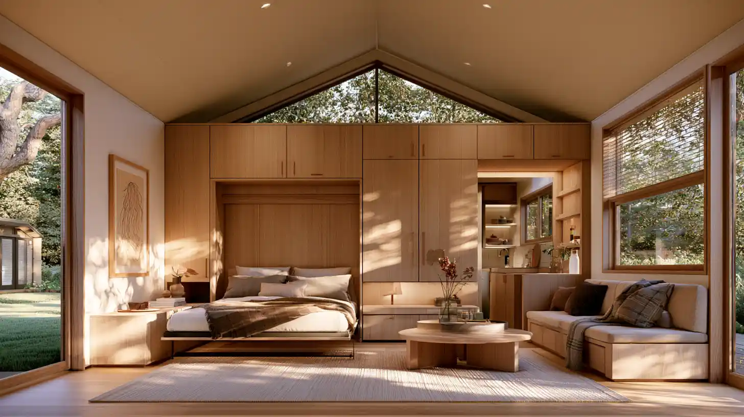 Tiny home interior with space-saving alternatives to a loft, including a Murphy bed and built-in storage.