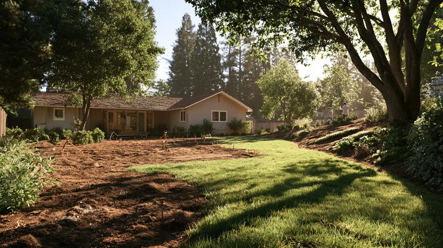 California backyard being evaluated for tiny cabin ADU placement, access, utilities, and site conditions.