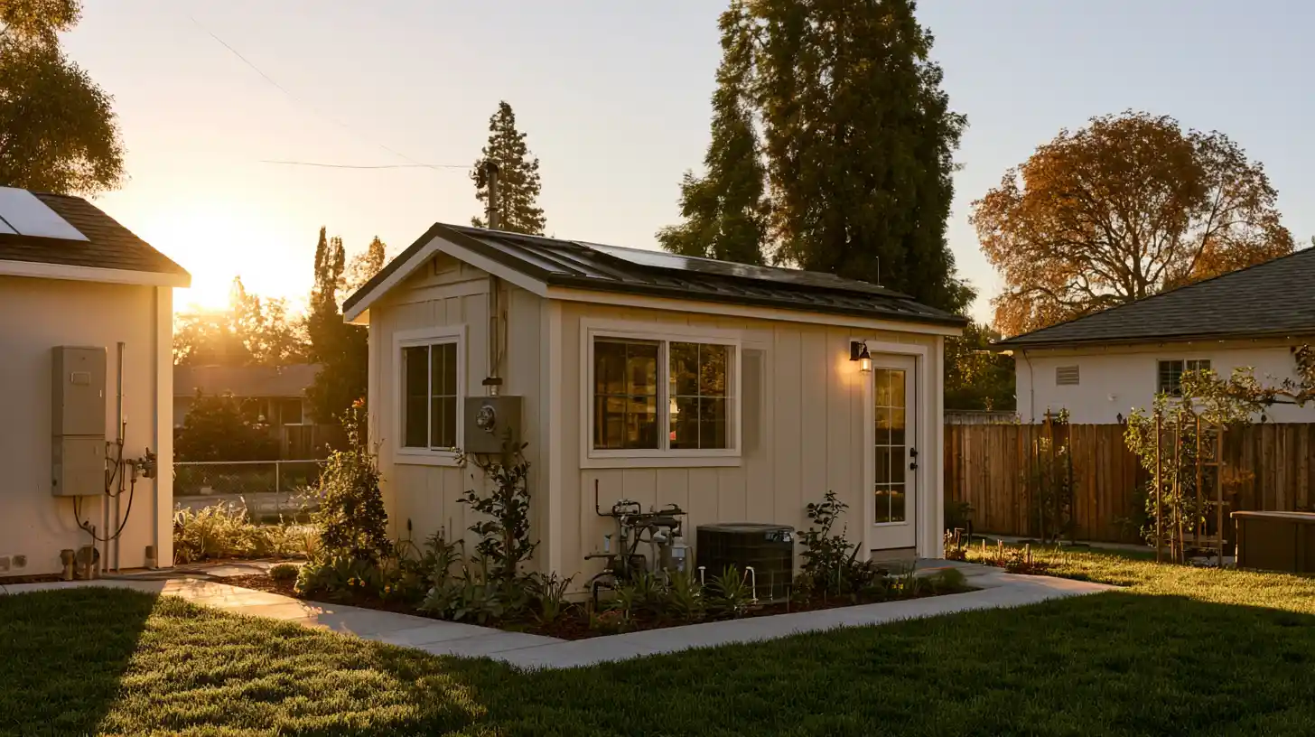 Permanent tiny house connected to residential utilities and designed for full-time living.