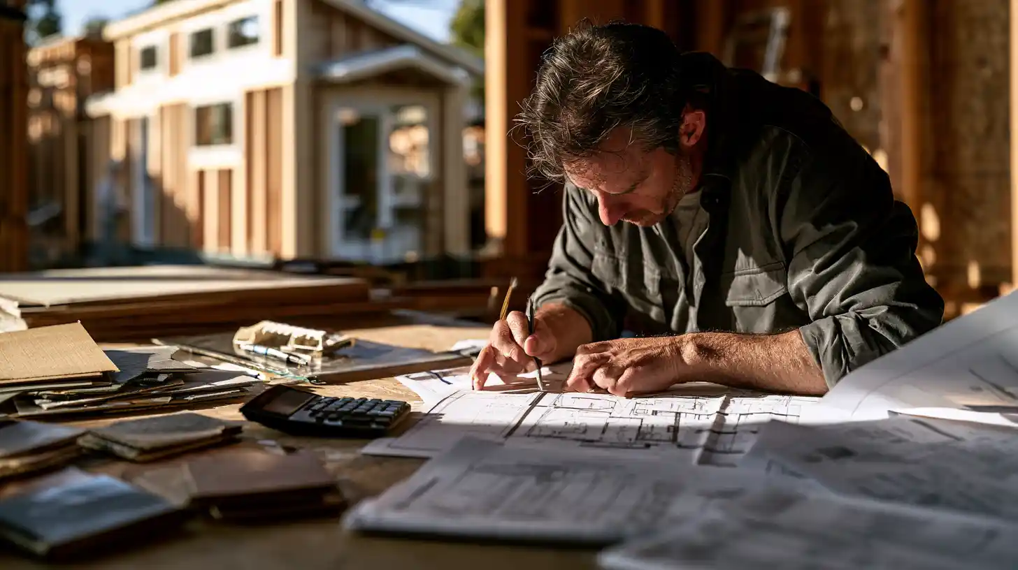 Homeowner reviewing construction costs, materials, and budget for a tiny home project.