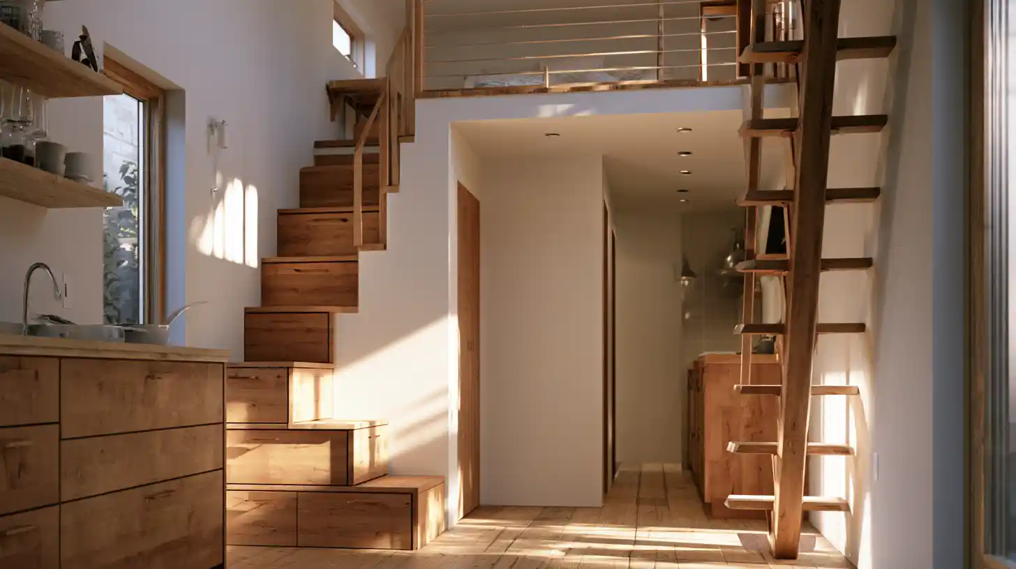 Tiny home loft access options including stairs, a ladder, and a compact ship ladder.