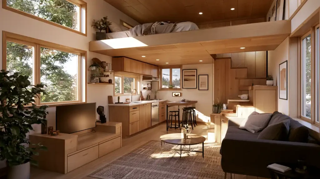 Modern tiny home interior with a comfortable sleeping loft and open living space.
