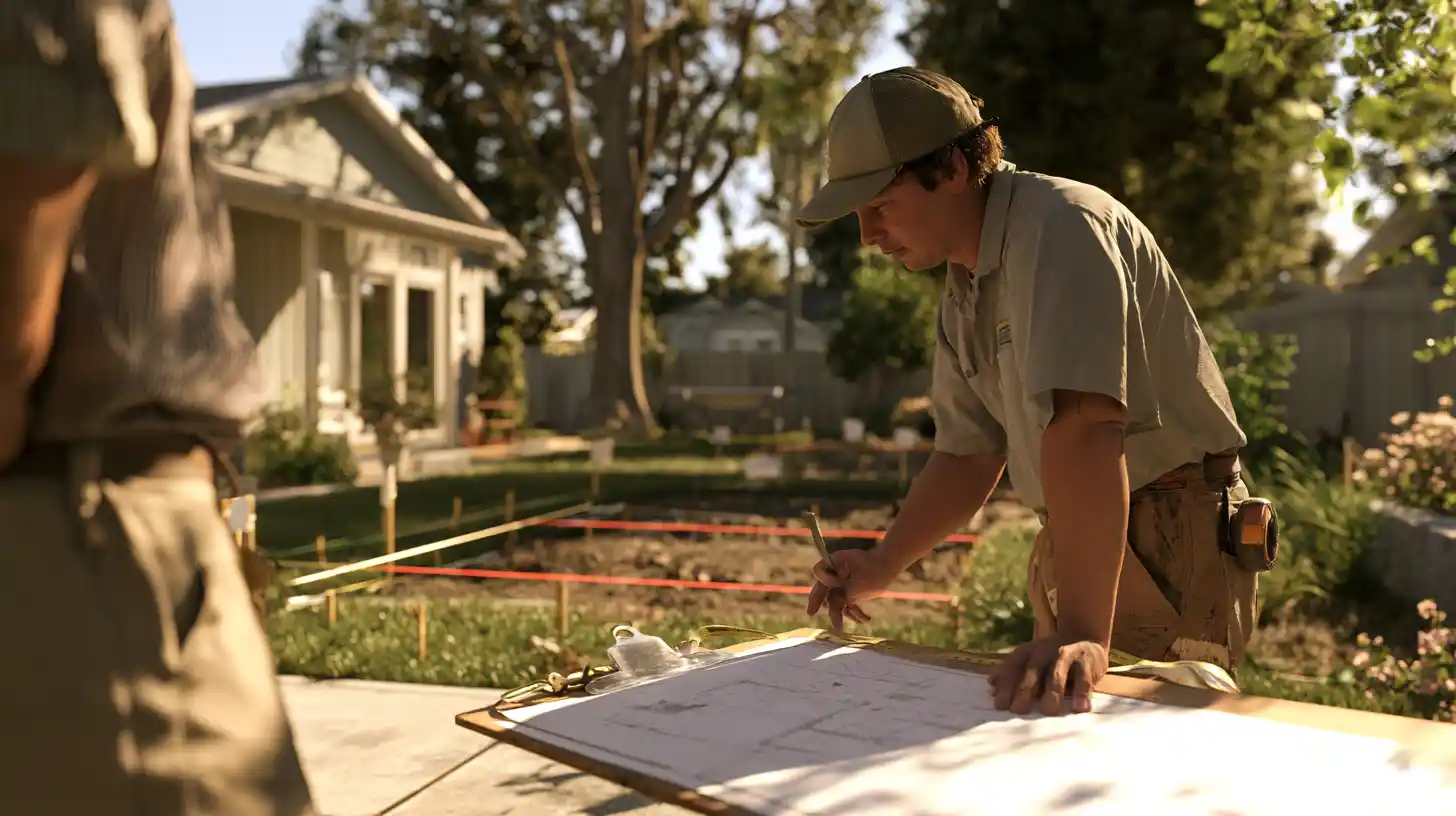 Homeowner and building professional reviewing site feasibility and plans before tiny home construction.