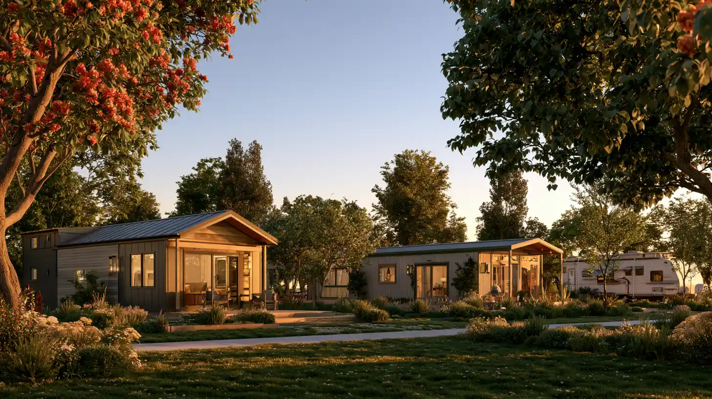 Comparison of different compact housing types including a tiny ADU, manufactured home, modular home, and park model