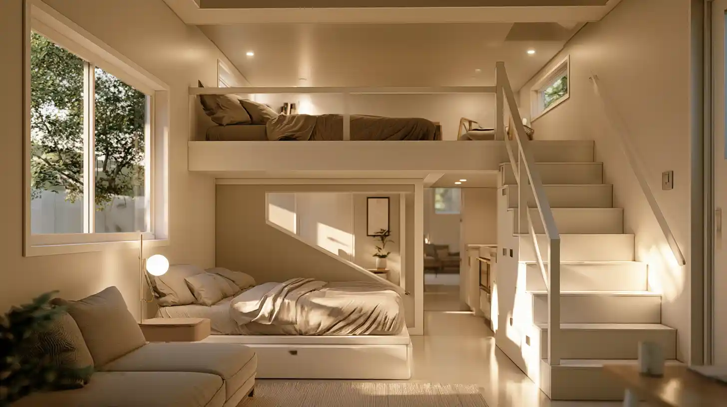 Efficient compact tiny home interior showing two small sleeping areas within a limited footprint