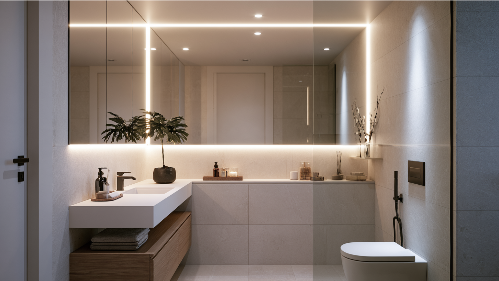 Electrical, lighting, and tricks that make tiny bathrooms feel larger